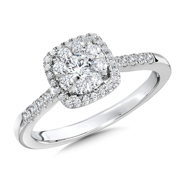 Cushion Halo & Cluster Diamond Mirage Engagement Ring (1/2 ctw)