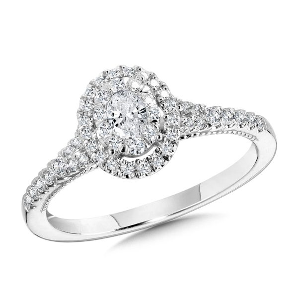 Oval-Shaped Halo & Cluster Diamond Mirage Split Shank Engagement Ring (1/2 ctw)