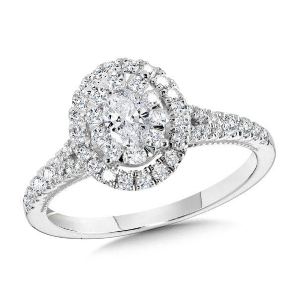 Oval-Shaped Halo & Cluster Diamond Mirage Split Shank Engagement Ring (3/4 ctw)