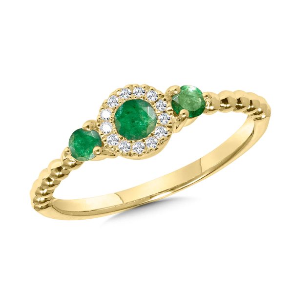 3-Stone Diamond Halo Emerald Ring