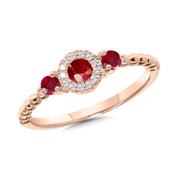 3-Stone Diamond Halo Ruby Ring