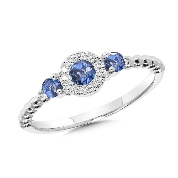 3-Stone Diamond Halo Sapphire Ring