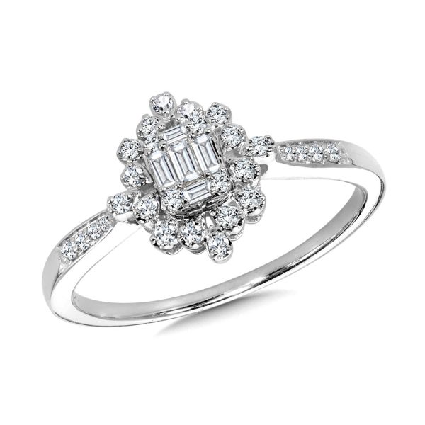 Baguette Cluster & Scattered Diamond Halo Engagement Ring