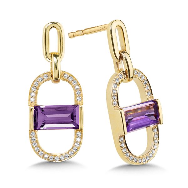 Baguette Cut Amethyst & Diamond Oval Link Earrings