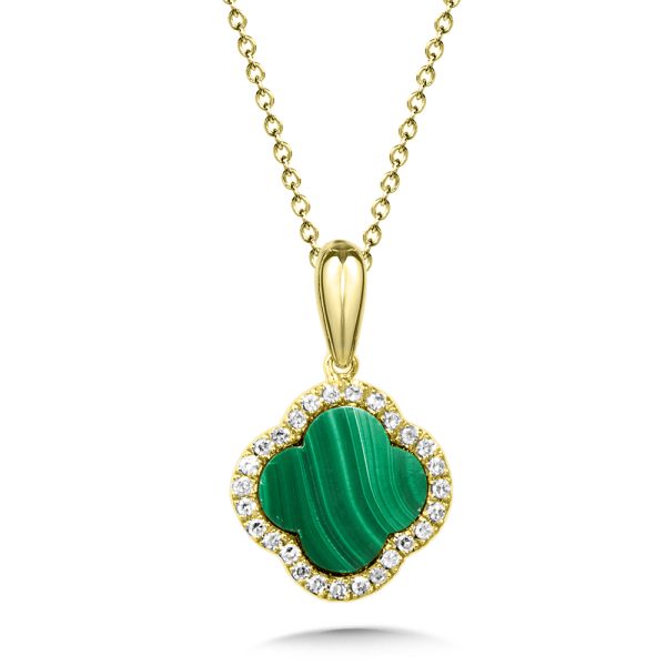 Clover-Cut Malachite & Diamond Halo Pendant