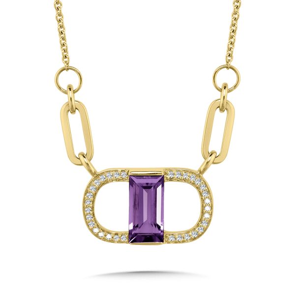 Baguette Cut Amethyst & Diamond Oval Link Necklace