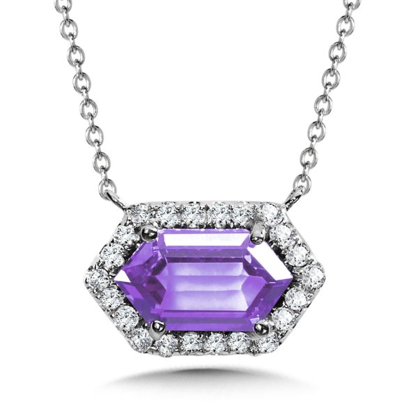 Elongated Hexagon-Cut Amethyst & Diamond Halo Necklace