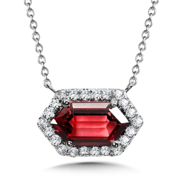 Elongated Hexagon-Cut Garnet & Diamond Halo Necklace