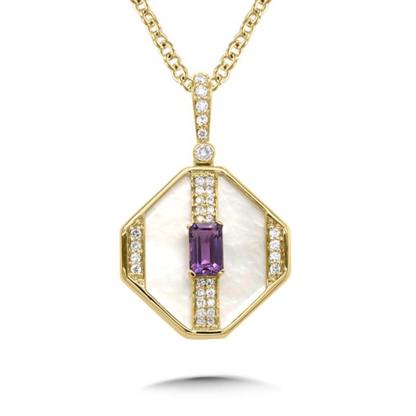 Emerald Cut Amethyst, Mother of Pearl, & Diamond Octagon Pendant