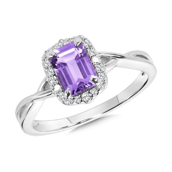 Emerald Cut Amethyst & Diamond Halo Crisscross Ring