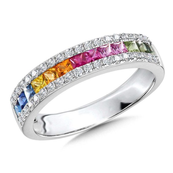 Rainbow Inspired Mixed Sapphire & Diamond Channel Anniversary Band