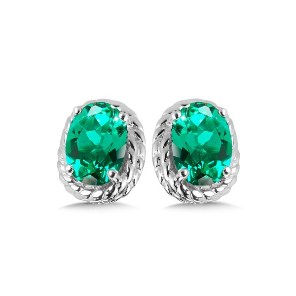 Sterling Silver Created Emerald Stud Earrings